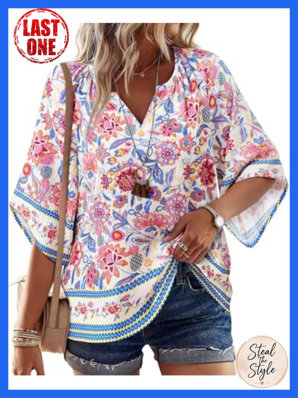 Women's Boho Peasant Tunic Top 3/4 Bell Sleeve V-Neck Floral Blouse